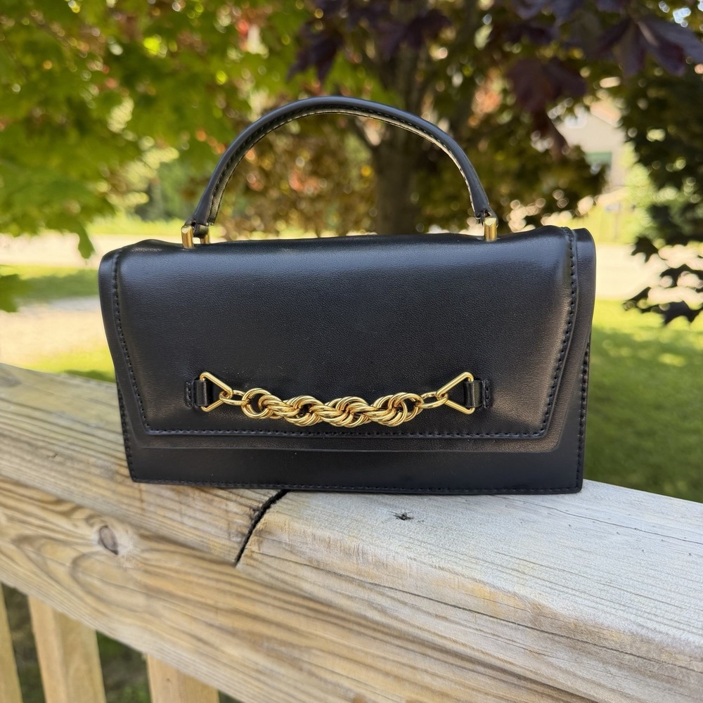 CHARLES & KEITH Black Top Handle Crossbody Bag Gold Chain Pearl Strap Purse
